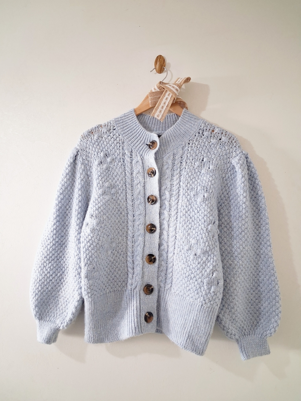 Who What Wear Puff Sleeve Country Bluebell Cable Bobble Knit Sweater Cardigan